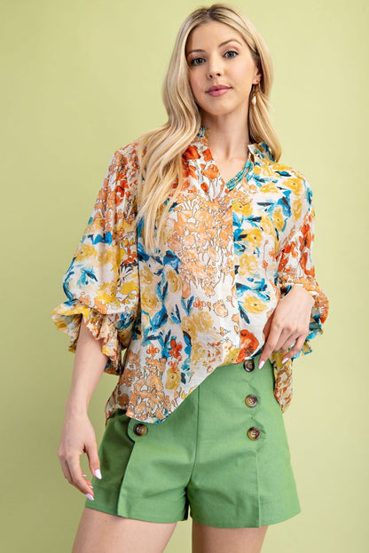 Floral Printed Button Down Top with 3/4 Length Gathered Balloon Sleeves