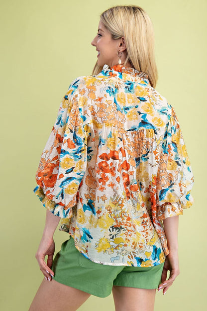 Floral Printed Button Down Top with 3/4 Length Gathered Balloon Sleeves