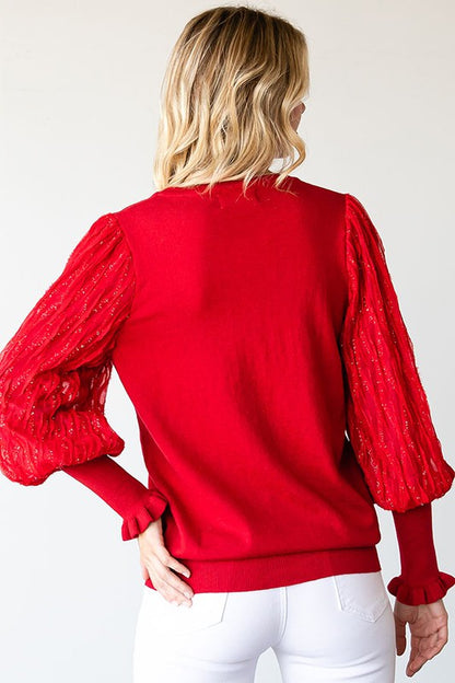 Red Foil Tinsel Sleeve Ribbed Knit Top