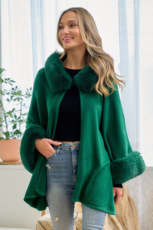 Hunter Green Faux Fur Solid Sweater Coat