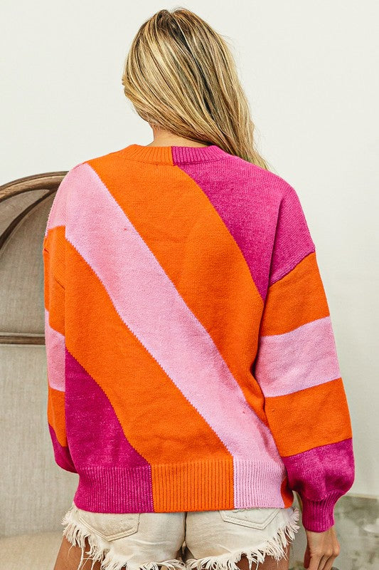 Diagonal Pink Color Block Sweater