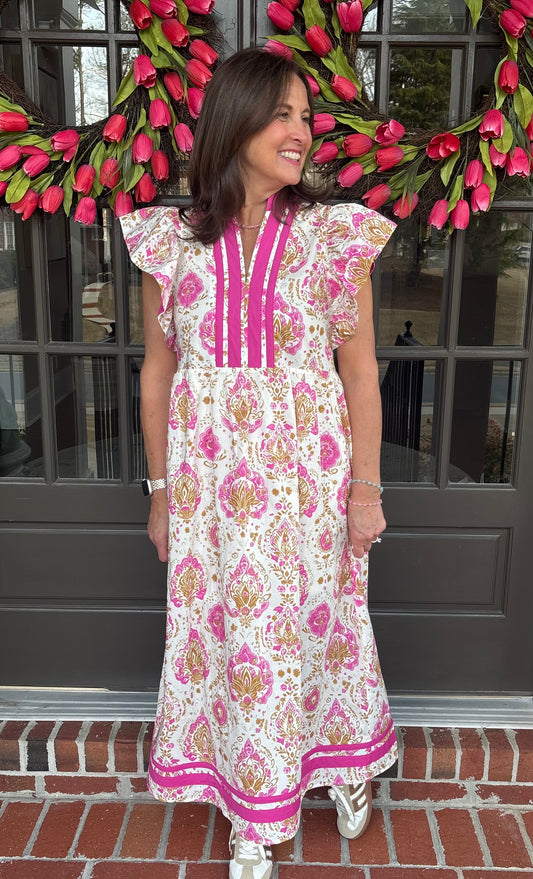 Pink Botanical print midi dress