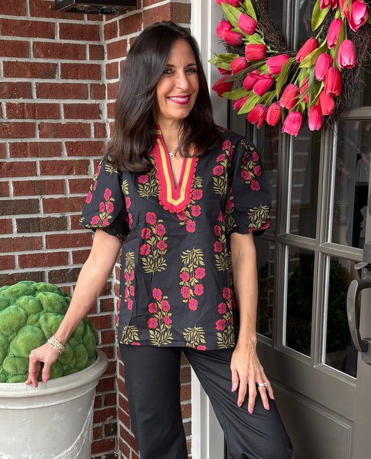 Black Floral V Neck Bubble Sleeve Blouse