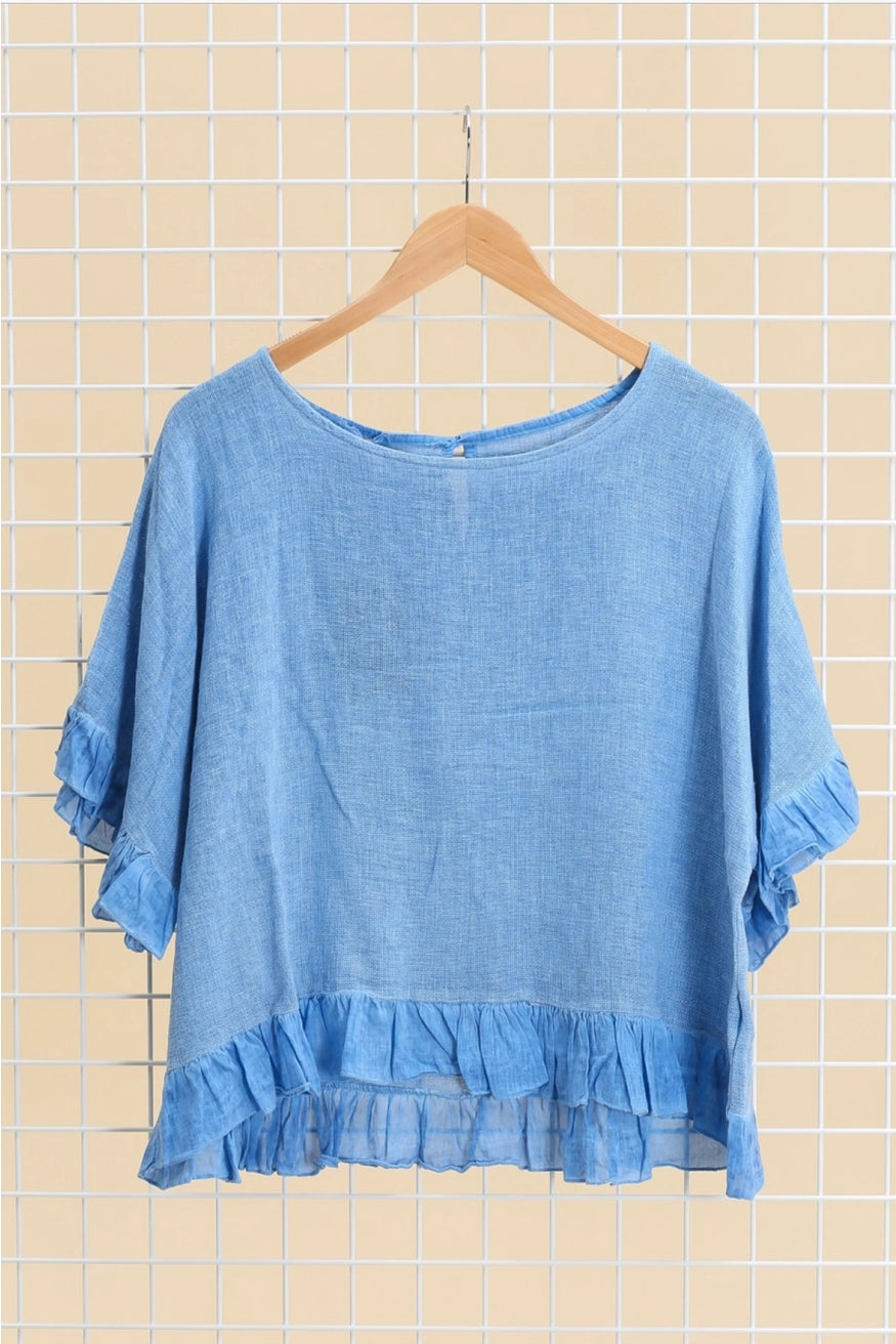 Italian Linen Ruffle Detail Short Sleeve top