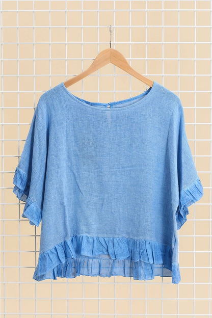 Italian Linen Ruffle Detail Short Sleeve top