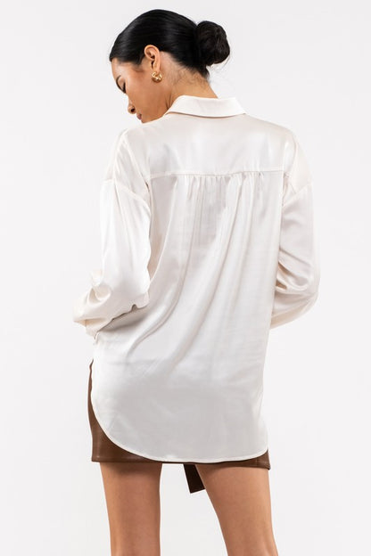 Satin Button Up Long Sleeve Top / 2 colors