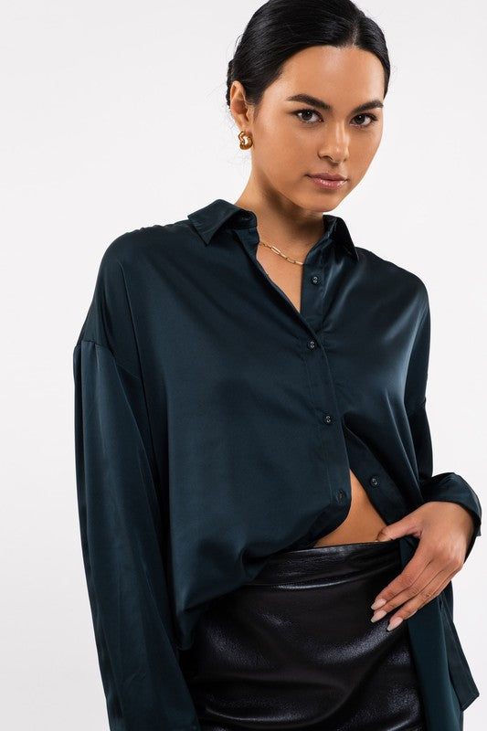 Satin Button Up Long Sleeve Top / 2 colors