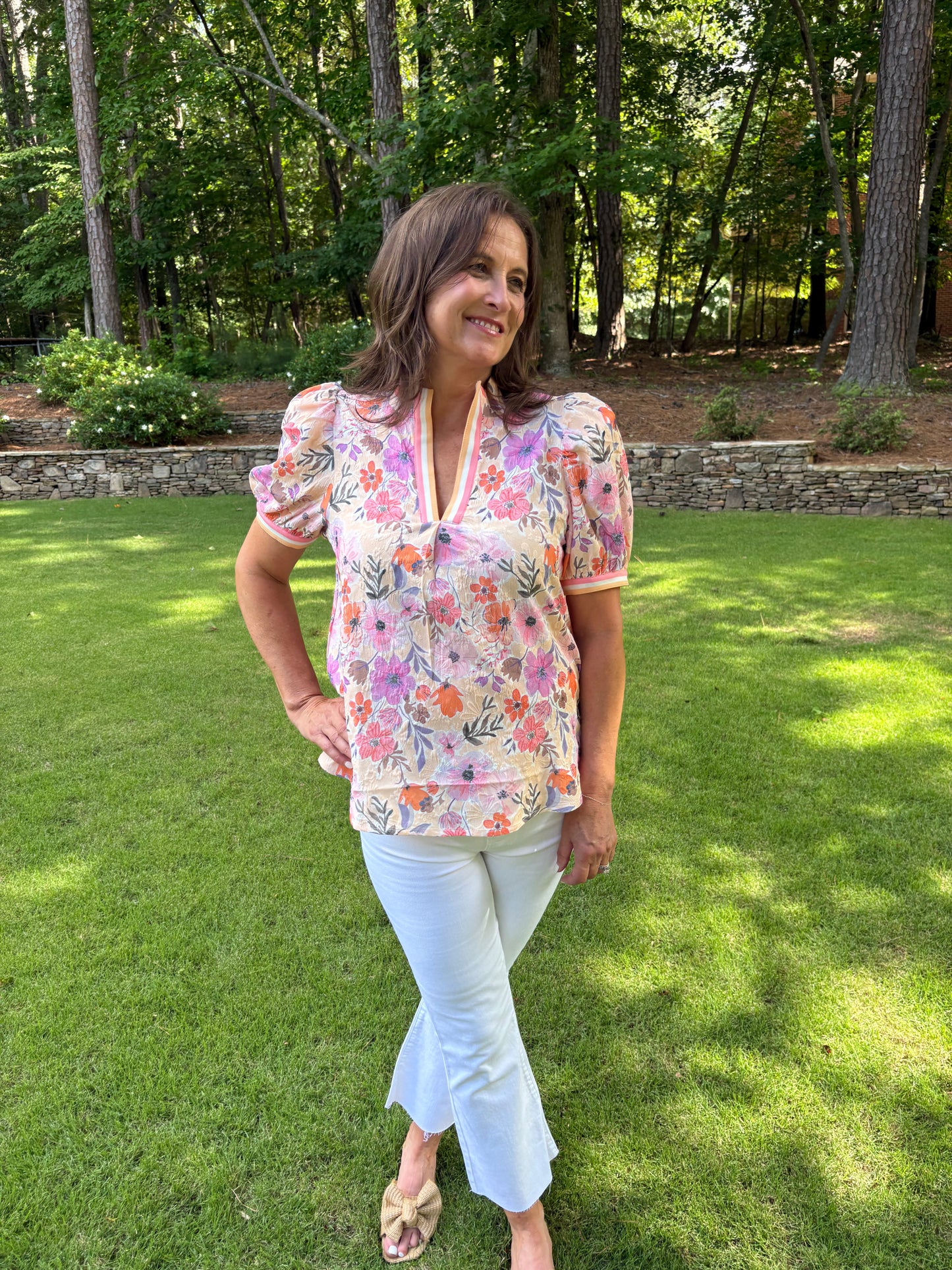 Floral High-Collar Split Neck Blouse