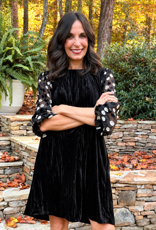 Umgee Velvet Polka Dot Sheer Sleeve Dress