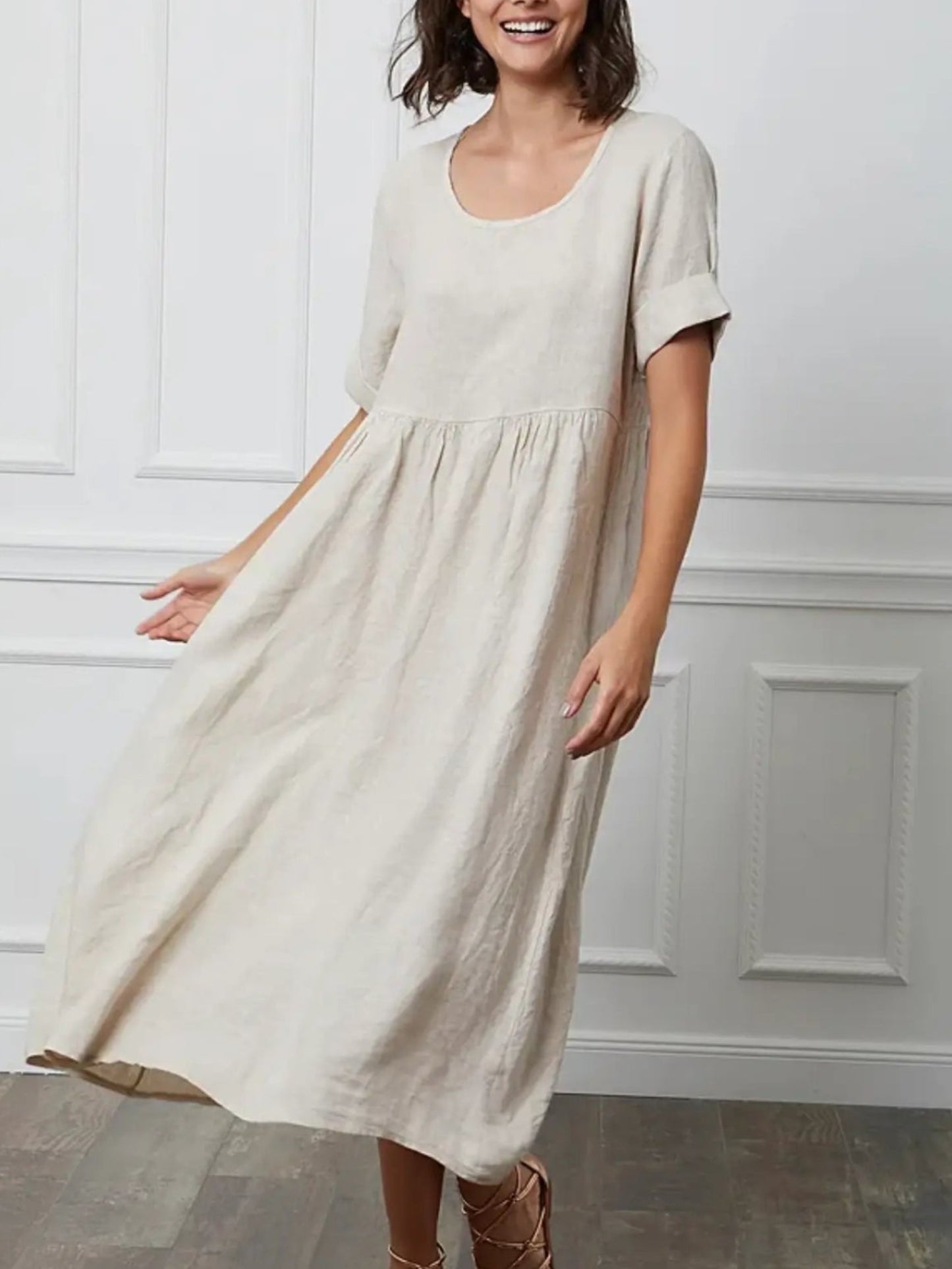 Italian Oatmeal Linen Easy Midi Dress