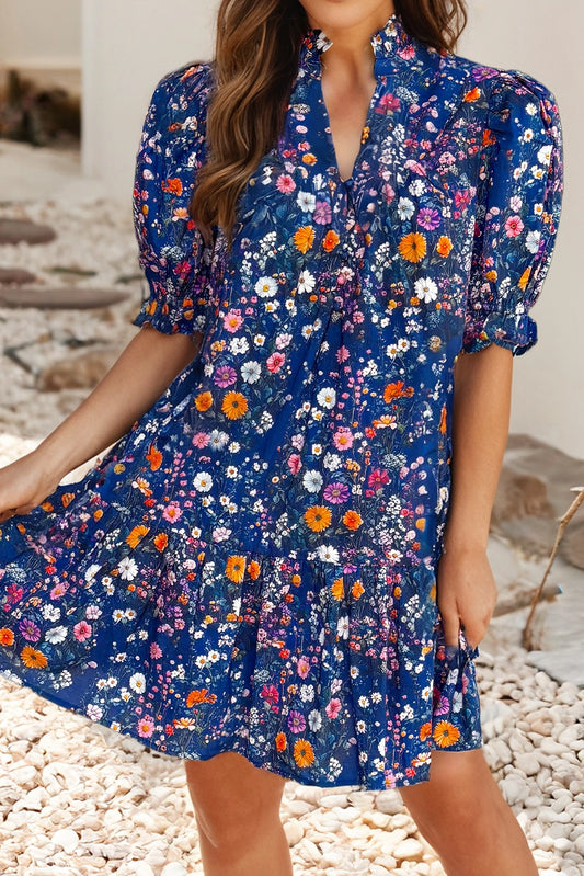 Wild Daisy Floral Split Neck Puff Sleeve Mini Dress