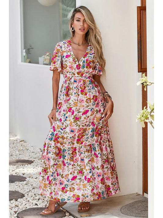 Floral Short Sleeve V Neck High Waist Maxi Dress