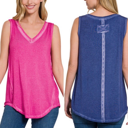 Washed Sleeveless V Neck Top - 4 colors