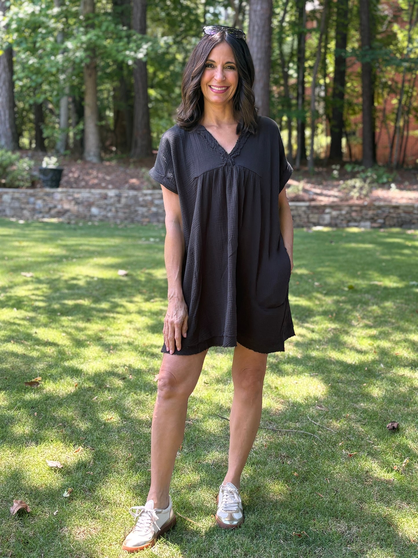 Black Double Gauze Cotton Raw Edge Dress