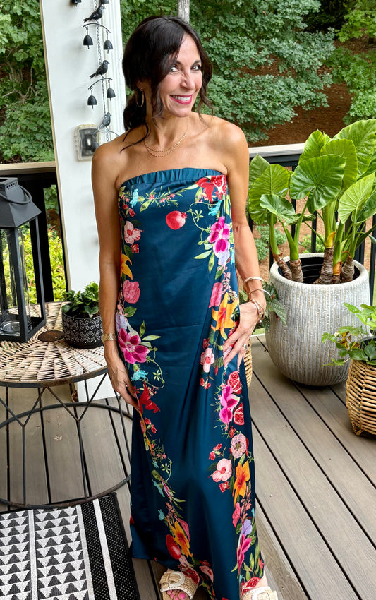 Tropical floral print strapless maxi dress