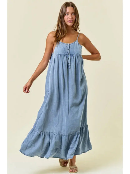 Tencel Chambray Tiered Ruffled Skirt Midi Dress