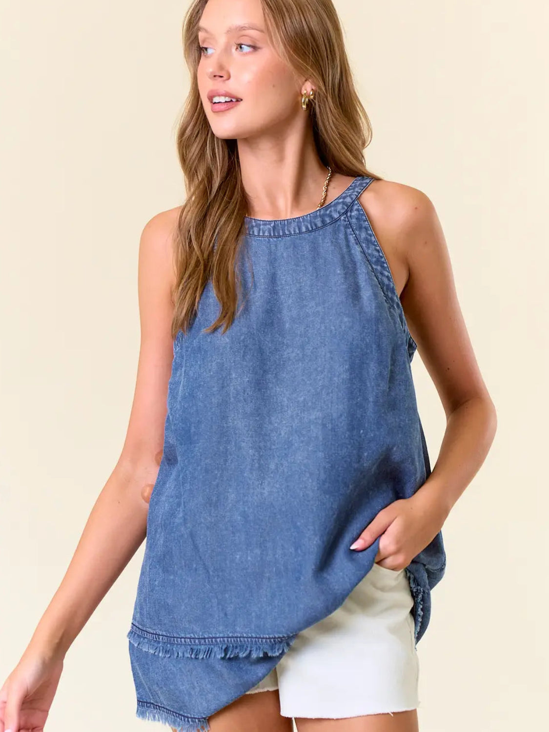 Criss Cross Strap Denim Top