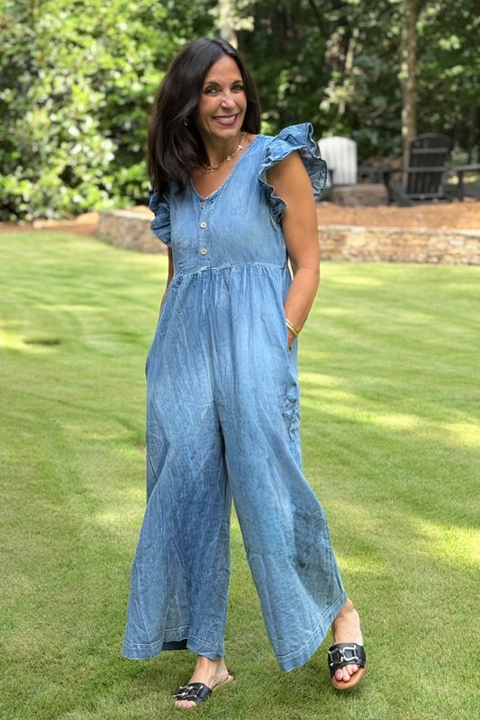 Denim ruffled short sleeve wide leg jumpsuit
