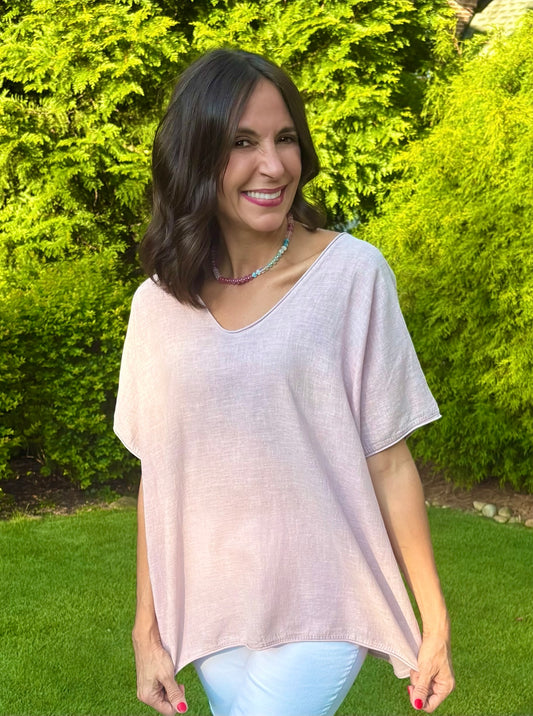 Rose Linen V Neck Short Sleeve Top