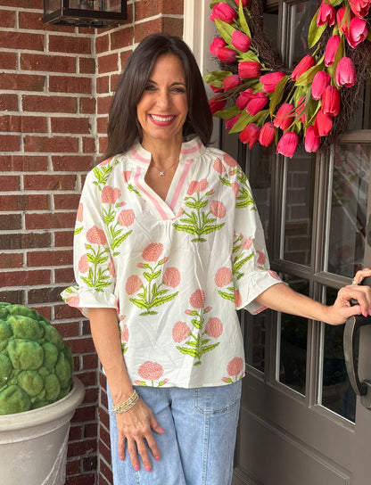 Pink and Green Floral 3/4 Sleeve Blouse