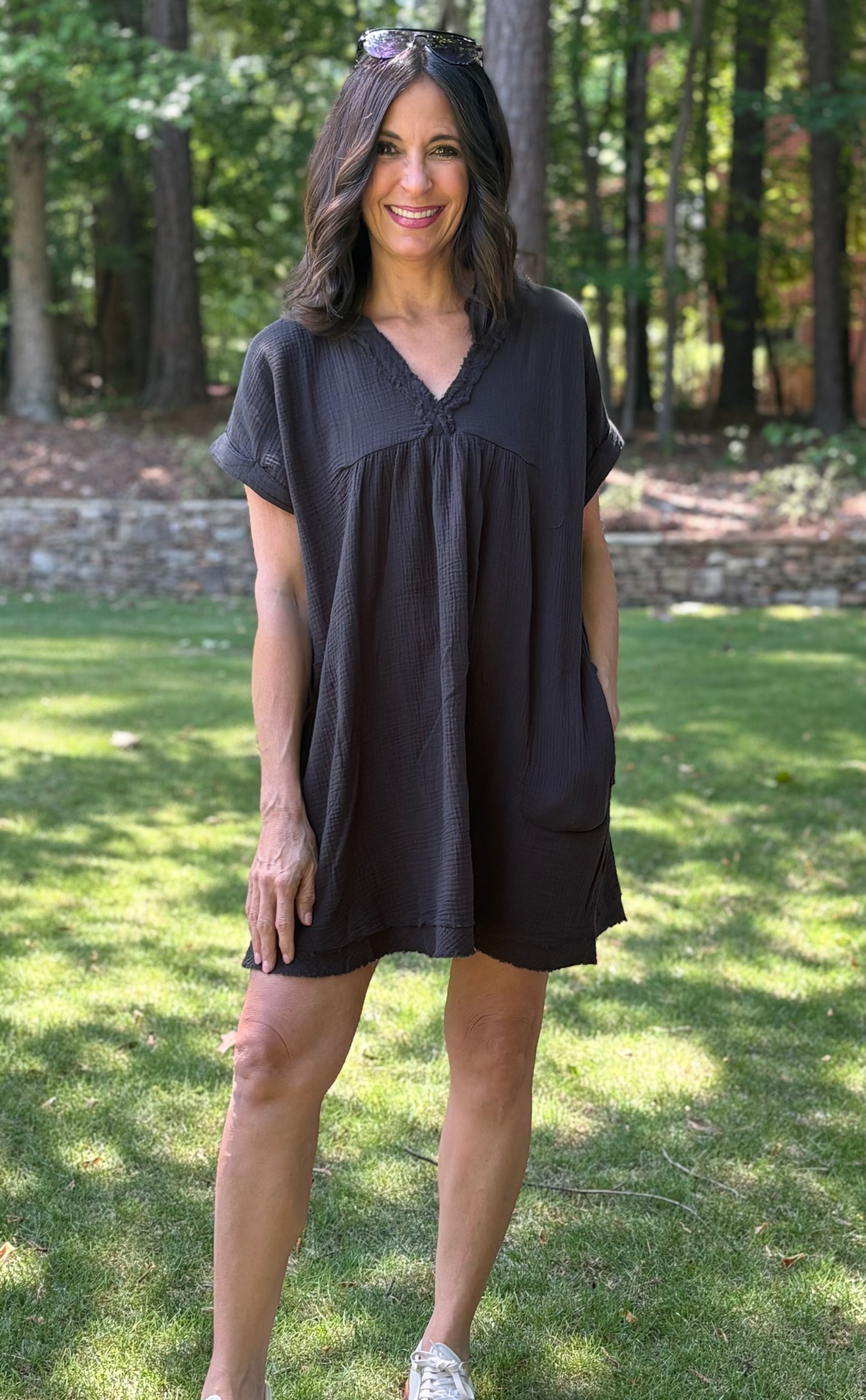 Black Double Gauze Cotton Raw Edge Dress