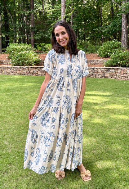 Victorian Blue Tiered Textured Midi Dress