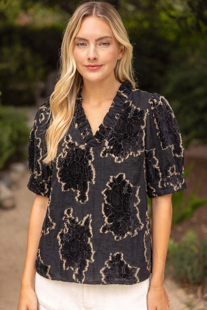 Textured Floral Velvet Burnout V-Neck Blouse / 2 colors