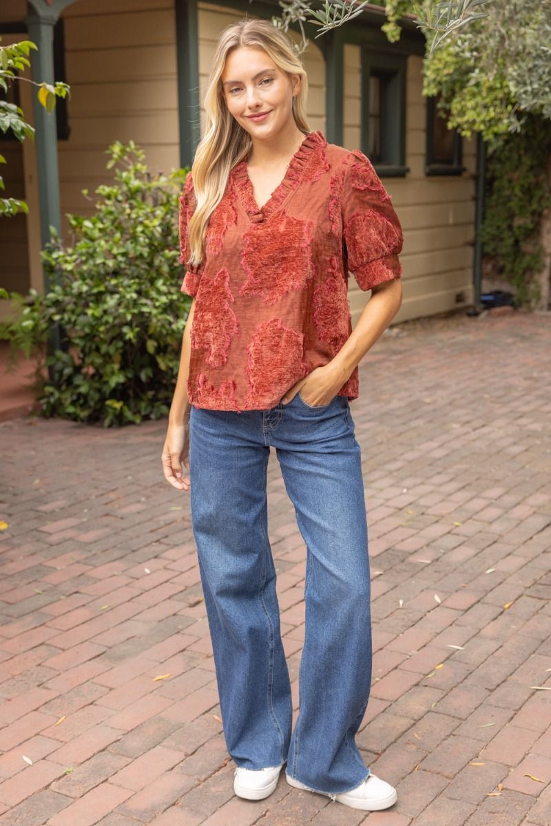 Textured Floral Velvet Burnout V-Neck Blouse / 2 colors