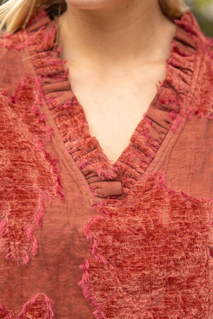 Textured Floral Velvet Burnout V-Neck Blouse / 2 colors