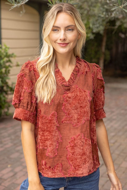 Textured Floral Velvet Burnout V-Neck Blouse / 2 colors