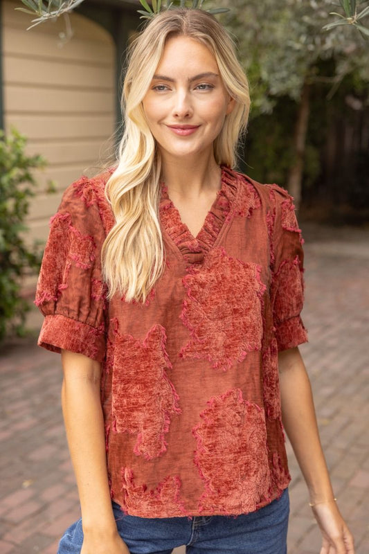 Textured Floral Velvet Burnout V-Neck Blouse / 2 colors