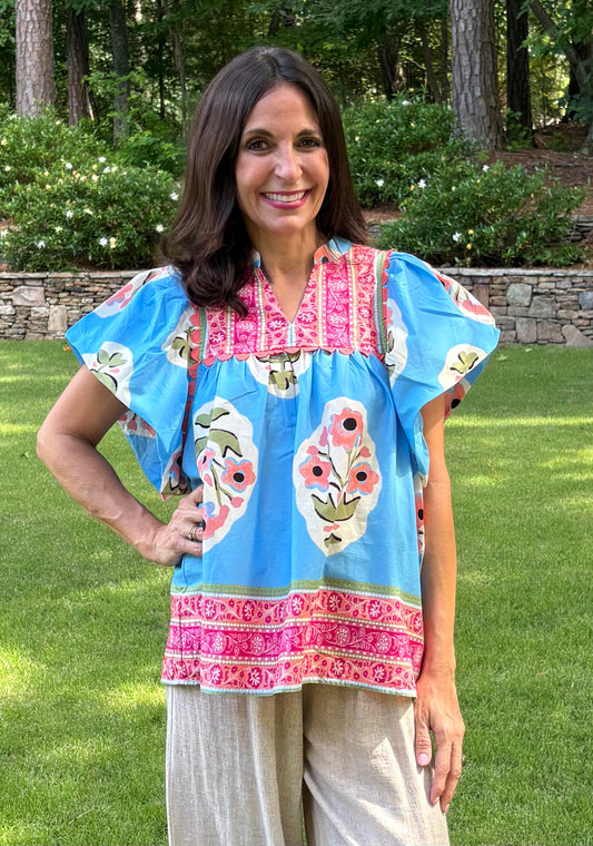 BLUE Floral Border Embroidered Blouse