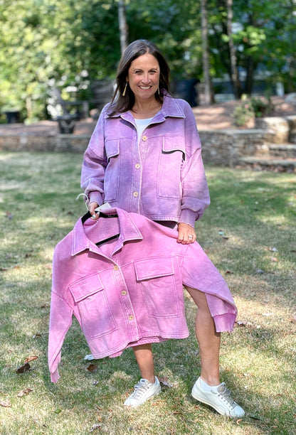 Acid washed light fleece button front jacket / 2 colors