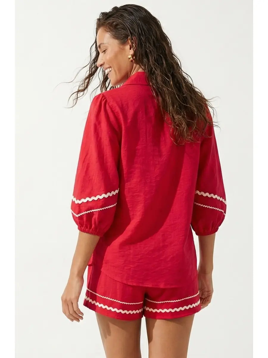 Contrast Trim Linen Blend Top / 4 colors