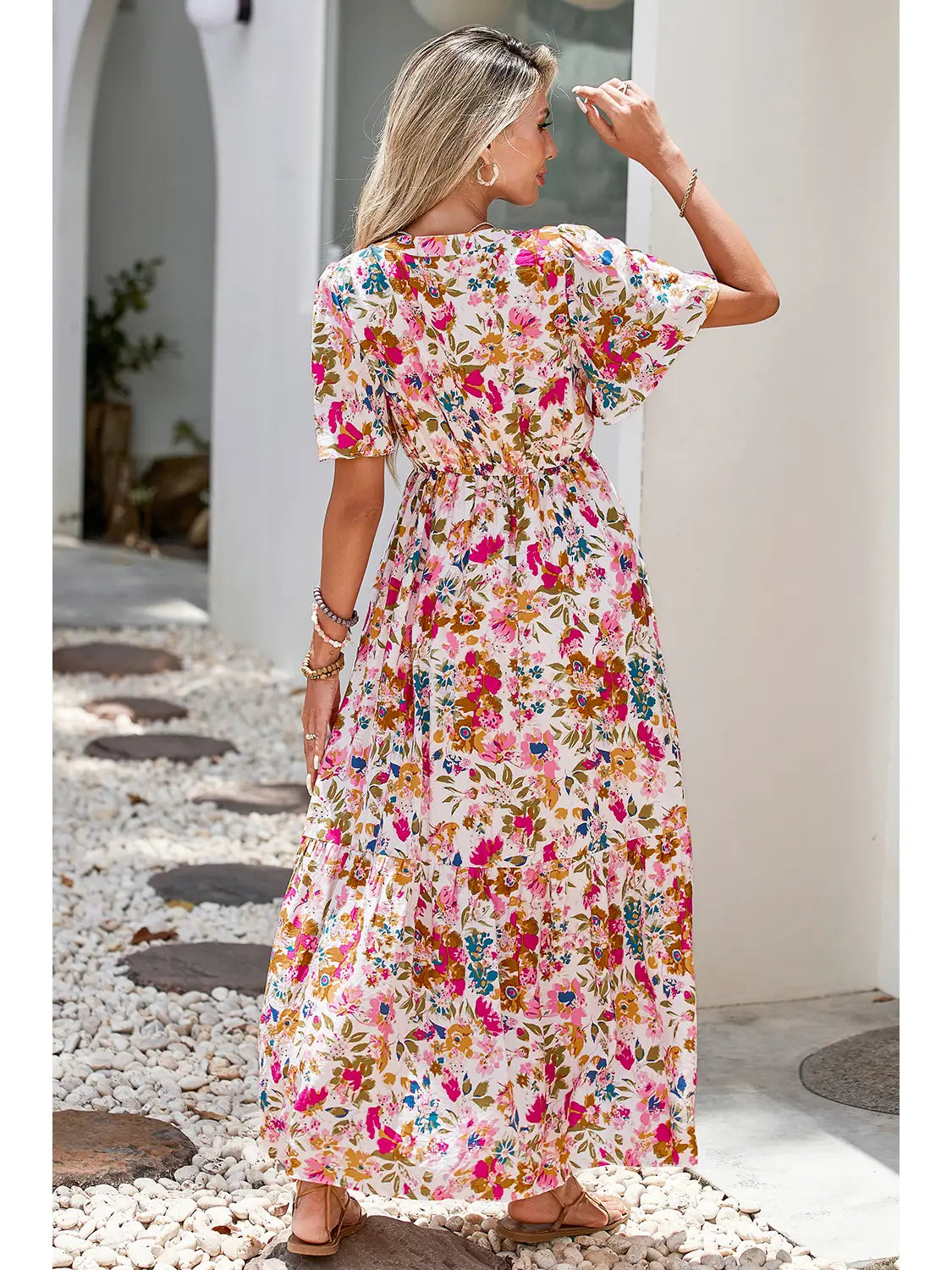 Floral Short Sleeve V Neck High Waist Maxi Dress
