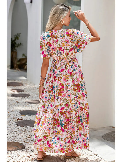 Floral Short Sleeve V Neck High Waist Maxi Dress
