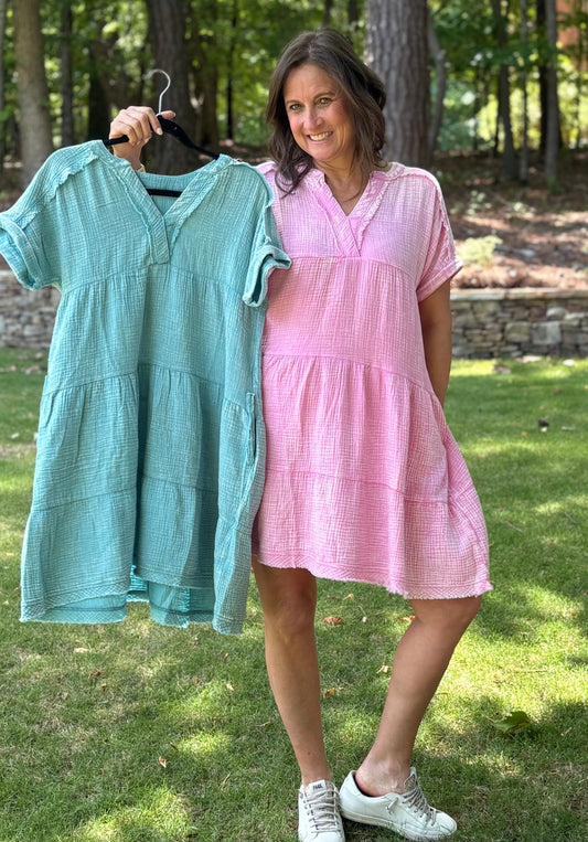 Washed Gauze Cotton V Neck Short Sleeve Dress / 2 colors