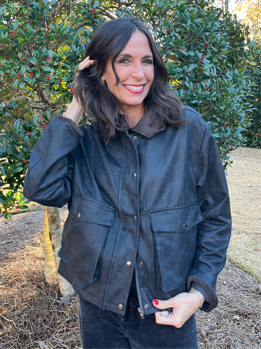 Faux Leather Dark Navy Button Down Jacket