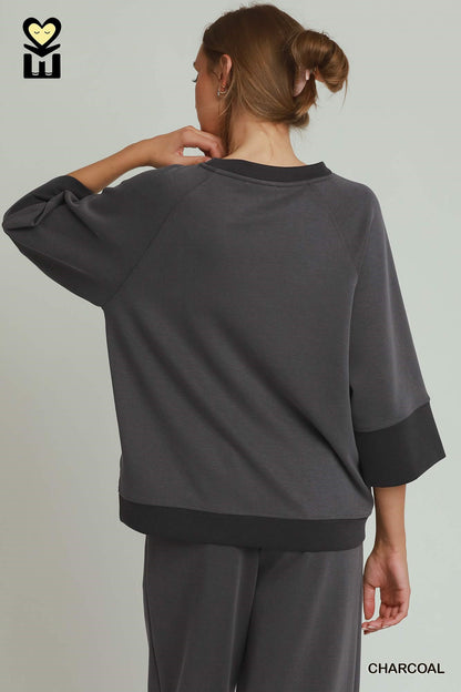 CLOUDKNIT Modal & Tencel 3/4 Raglan Sleeve Color block Crewneck Top
