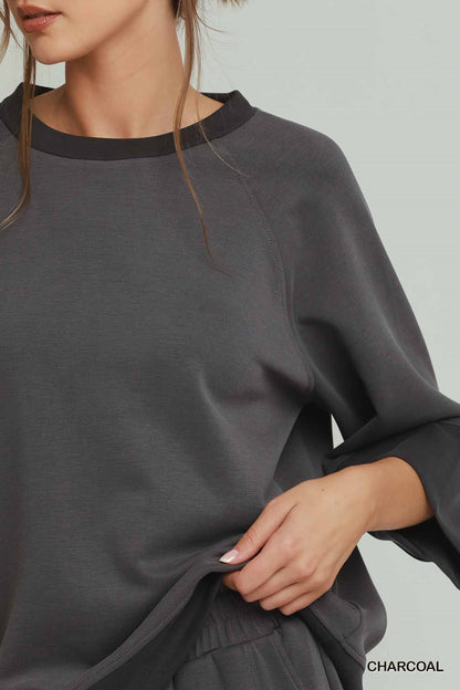 CLOUDKNIT Modal & Tencel 3/4 Raglan Sleeve Color block Crewneck Top