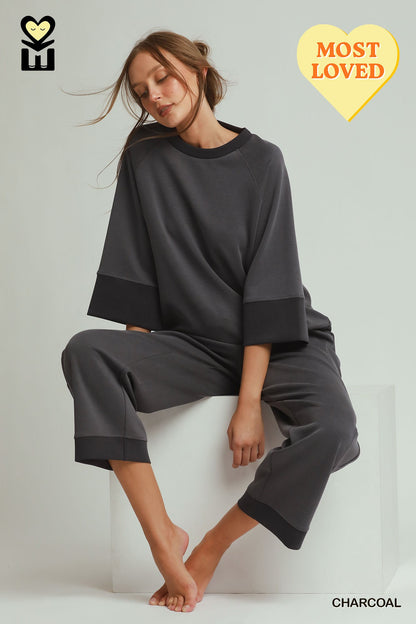 CLOUDKNIT Modal & Tencel 3/4 Raglan Sleeve Color block Crewneck Top