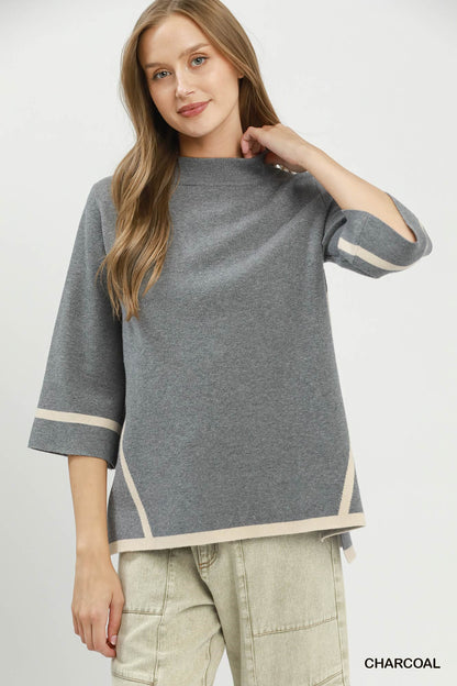 Mock Neck Contrast Trim Short Sleeve Knit Sweater Top-2 Colors