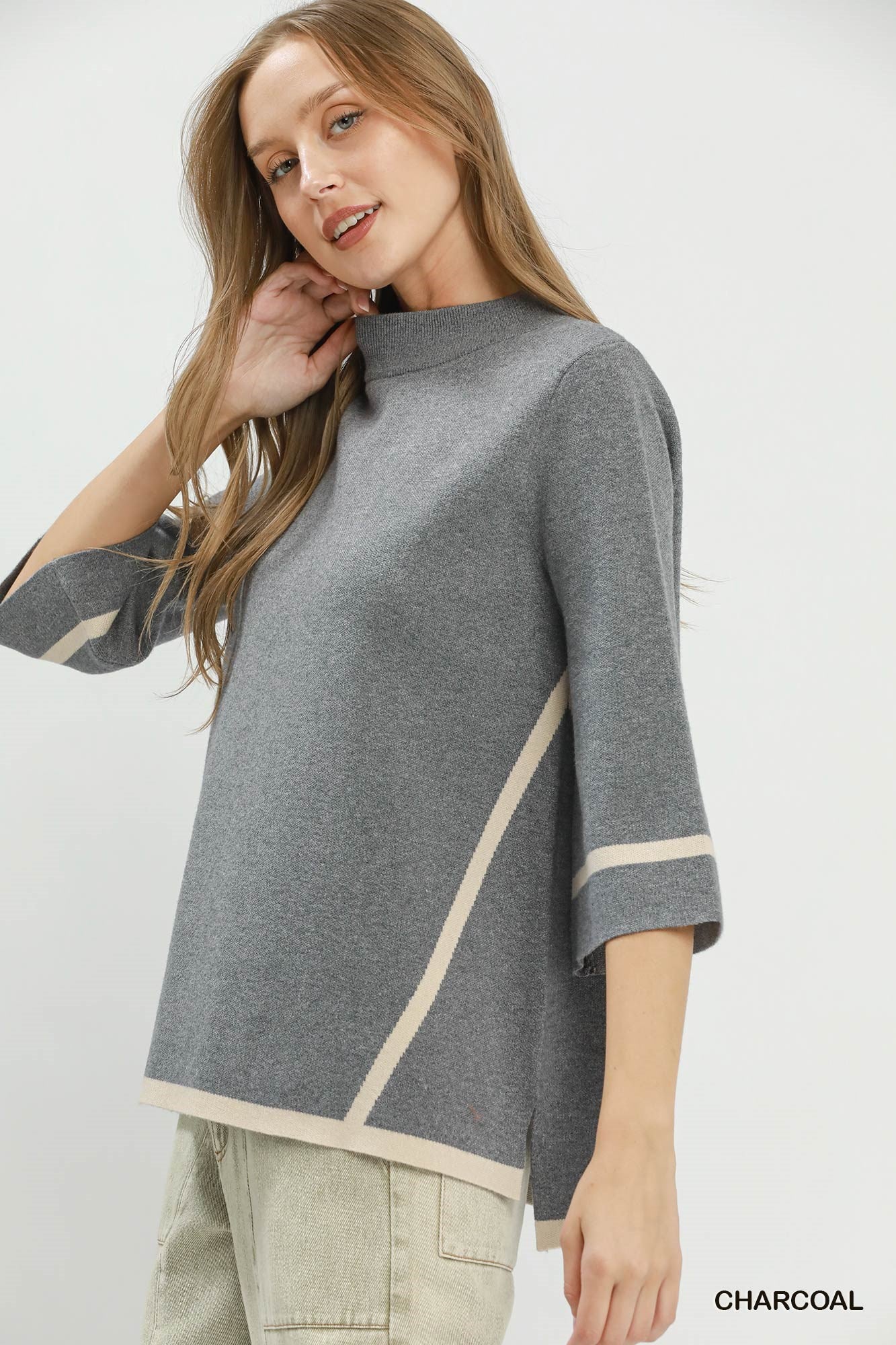 Mock Neck Contrast Trim Short Sleeve Knit Sweater Top-2 Colors