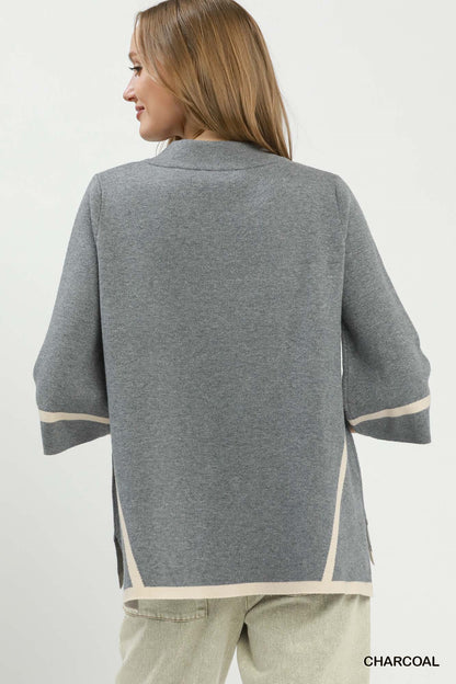 Mock Neck Contrast Trim Short Sleeve Knit Sweater Top-2 Colors
