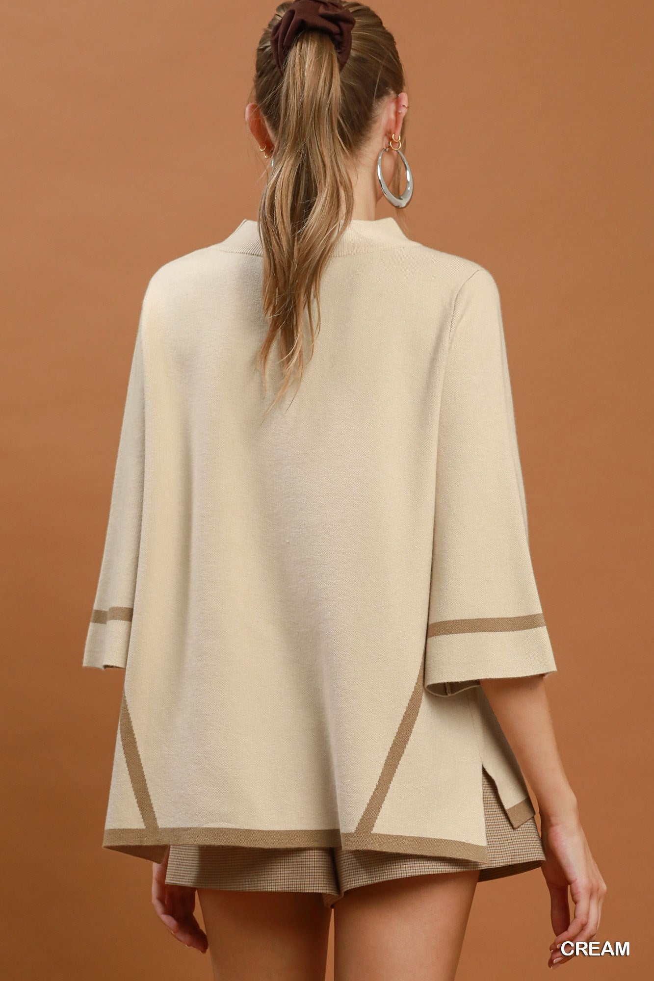 Mock Neck Contrast Trim Short Sleeve Knit Sweater Top-2 Colors