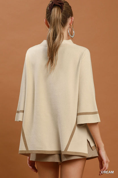 Mock Neck Contrast Trim Short Sleeve Knit Sweater Top-2 Colors