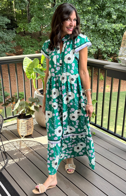 Green V Neck Ruffled Short Sleeve Flower Maxi Dress