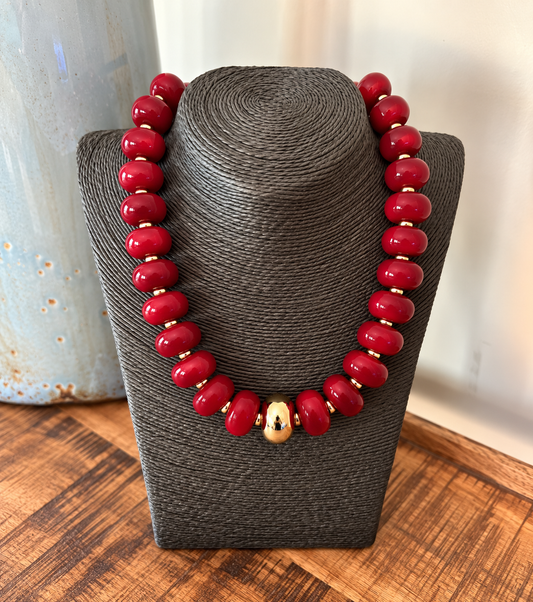 Flat Bead Resin Statement Necklace with Accent Gold Bead / 4 colors