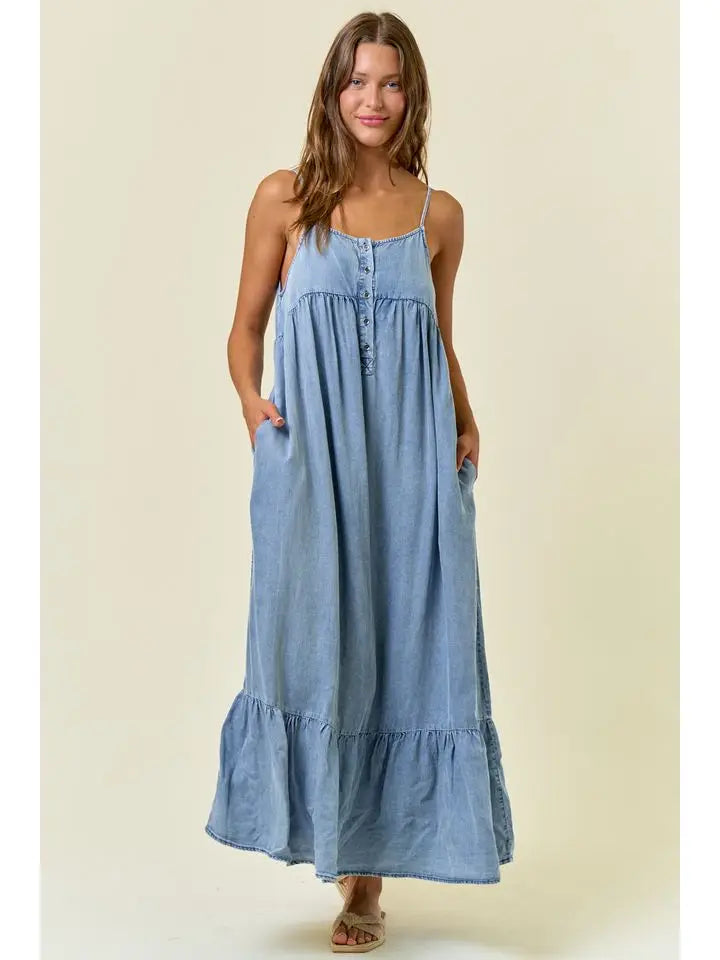 Tencel Chambray Tiered Ruffled Skirt Midi Dress