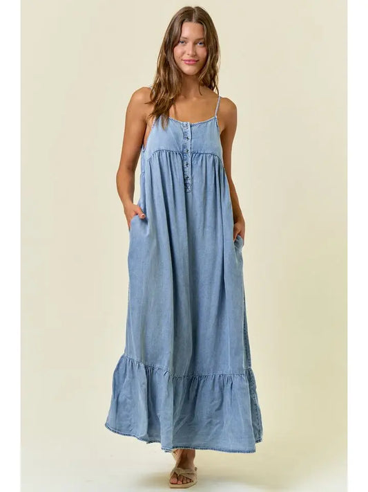Tencel Chambray Tiered Ruffled Skirt Midi Dress
